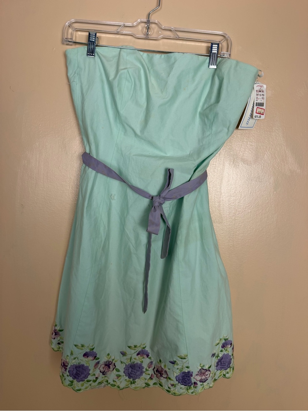 Hosanna NWT vintage mint Green Floral Hem' Strapless Dress with Purple Sash
